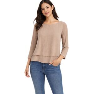 Zara Basic Tan Layered 3/4 Sleeve Boxy Flowy Chiffon Blouse Size XS